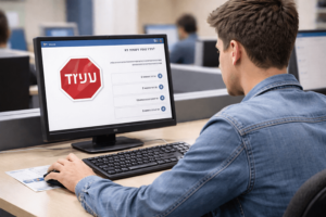 נבחן מבצע מבחן תיאוריה לנהיגה ממוחשב בעמדת מחשב רשמית