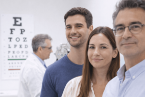משפחה במרפאת עיניים במהלך בדיקת ראייה עם אופטומטריסט ברקע