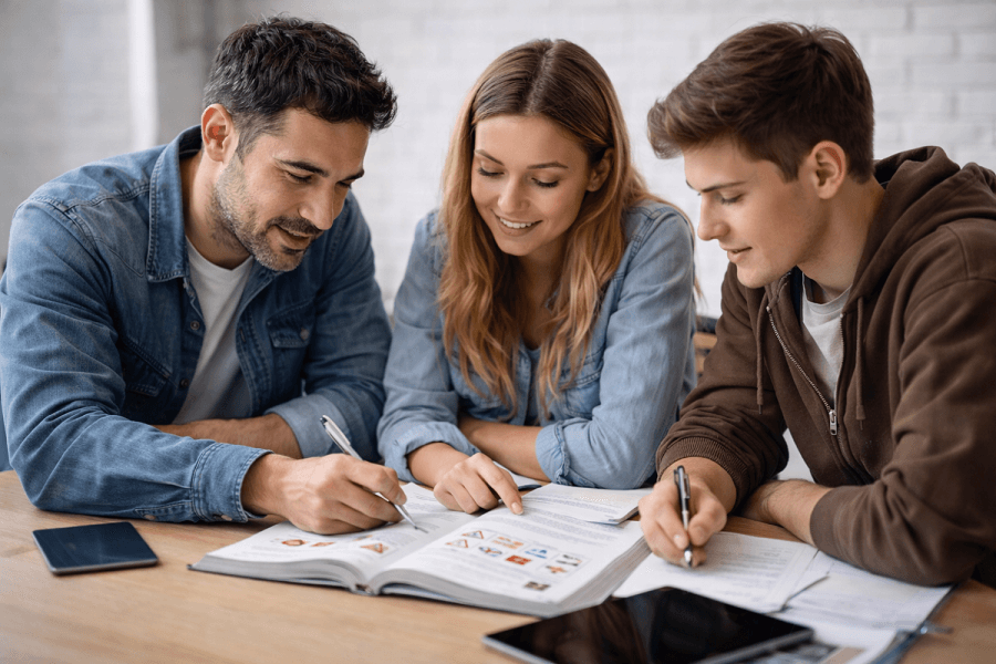 קבוצת תלמידים לומדת תיאוריה לנהיגה יחד עם ספר תיאוריה ותרגול שאלות