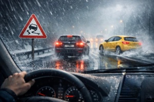החוקים החשובים לנהיגה בחורף ומה חובה להכיר לפני המבחן נהיגה בכביש רטוב וחלק בזמן גשם חזק עם אזהרת החלקה