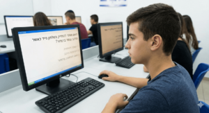 תלמיד מבצע מבחן תאוריה ממוחשב בכיתה עם עמדות מחשב